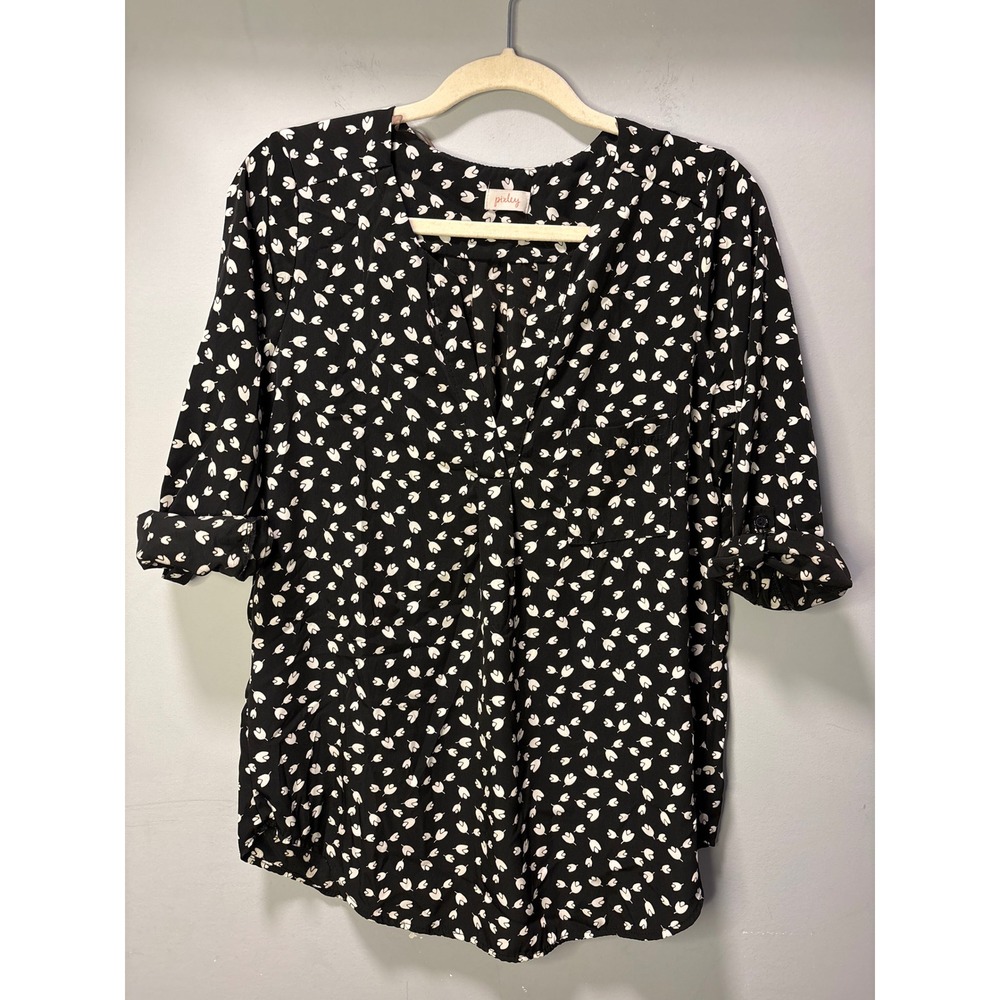 Pixley Womens Black White Floral Tulip Print Roll Tab Sleeve V-Neck Blouse Small